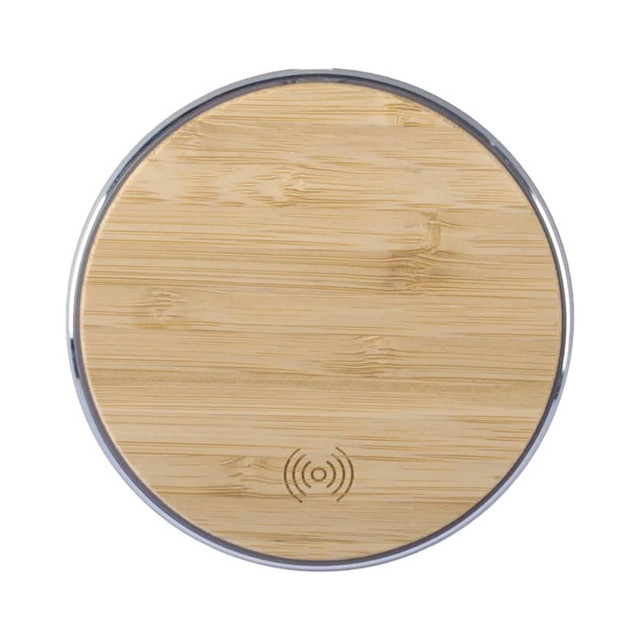 A round bamboo wireless charger featuring a silver border and a subtle logo at the bottom.