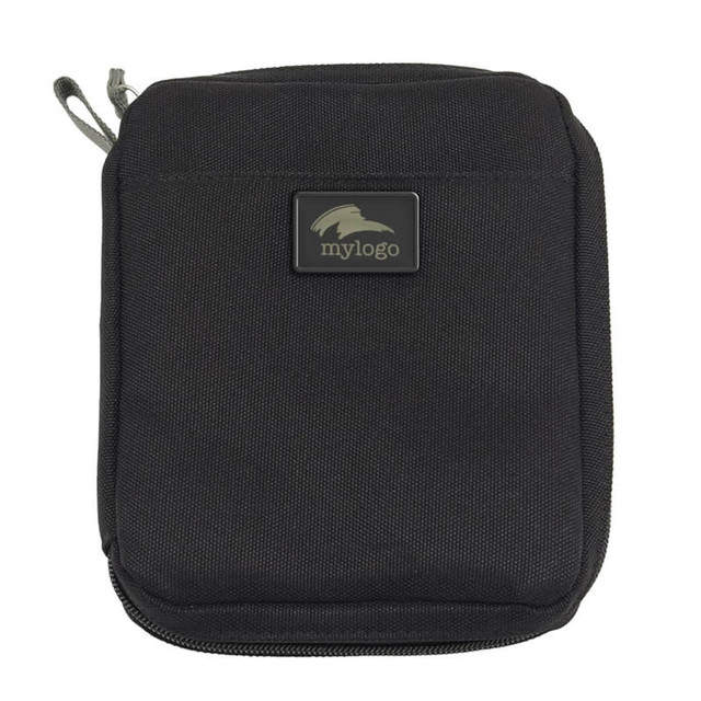 A black eco accessory pouch with a zip closure and a logo on the front.