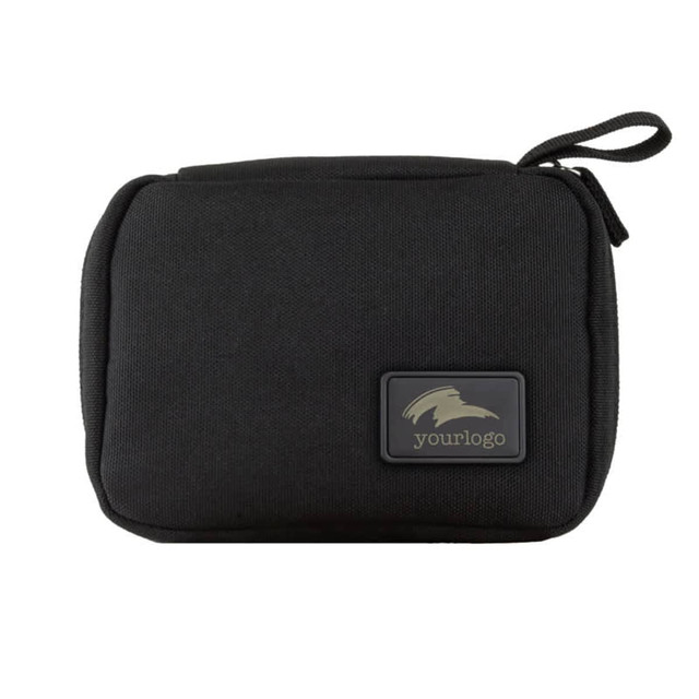 A black eco accessory pouch featuring a logo, ideal for toiletries and small items.
