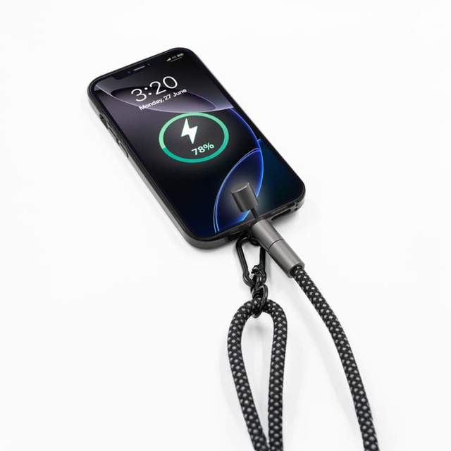A phone strap with a braided black cable connected to a smartphone, displaying a charging icon on the screen.