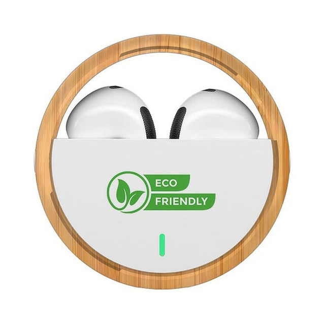 Eco-friendly white TWS earbuds housed in a rounded bamboo case with a logo, featuring a clean and modern design.