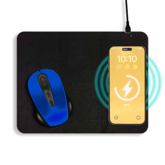 A black foldable mouse pad with a blue mouse and a smartphone charging wirelessly nearby.