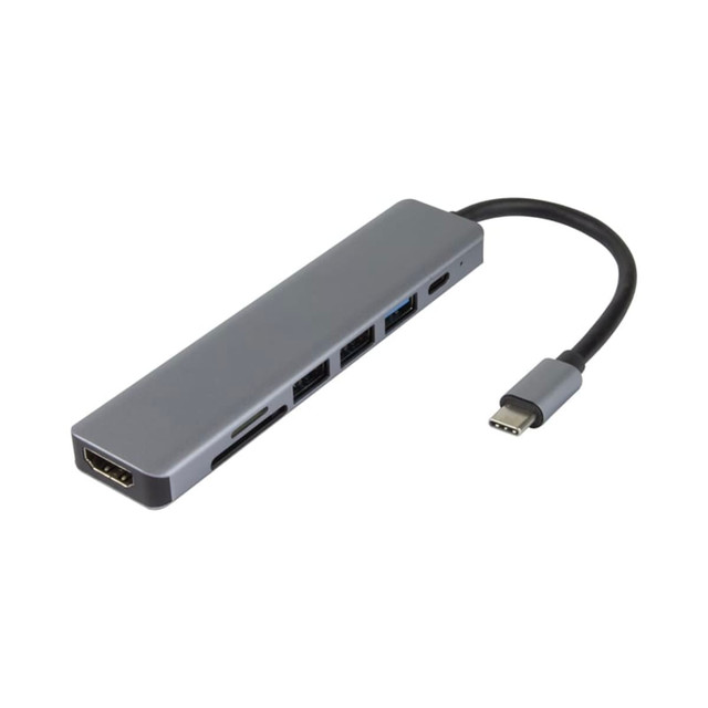 A grey Type-C hub with multiple ports including Type-C, Type-A, HDMI, and SD card slots.