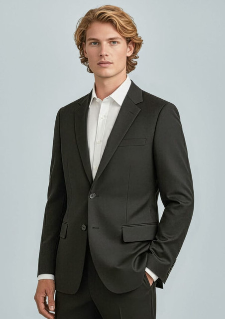A black Men's Cool Stretch 2 Button Classic Jacket displayed on a model, featuring a tailored fit and a sleek design.