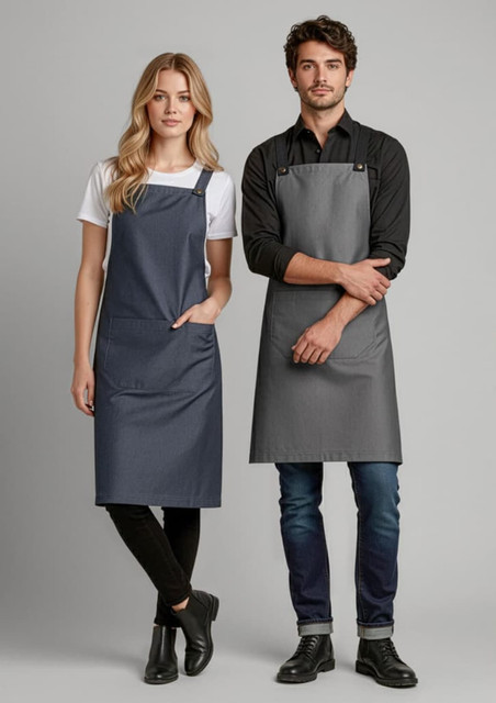 Two models wearing Urban Bib Aprons in navy blue and grey, featuring pockets and adjustable straps. Each apron has a logo.