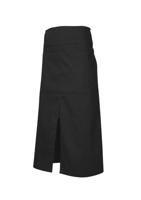 A black apron with a straight cut, featuring a back pocket and a side slit for ease of movement.