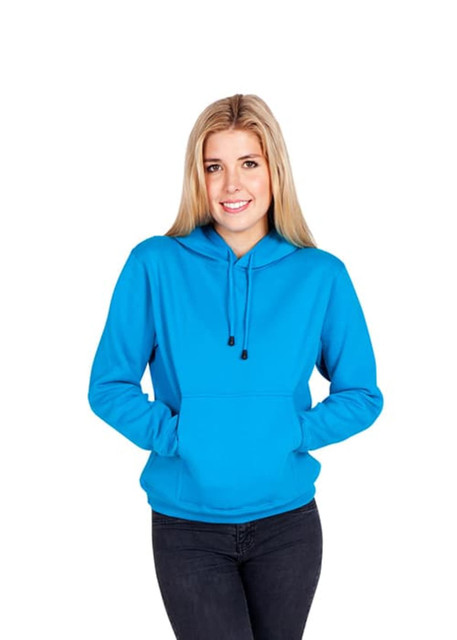 A blue kangaroo pocket hoodie with a hood, modelled by a smiling young woman.