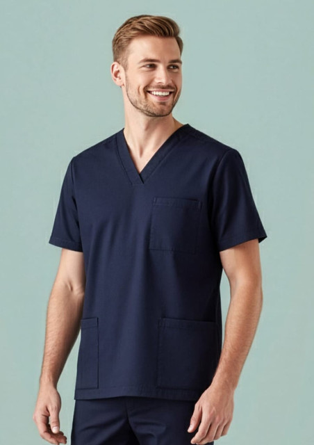 A navy men's scrub top featuring a v-neck design and a pocket, suitable for medical uniforms.