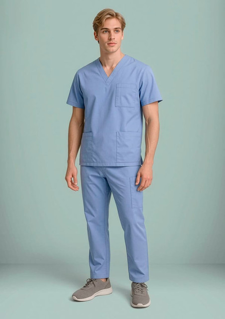 A model wearing light blue scrub cargo pants and a matching scrub top, featuring pockets and a logo.