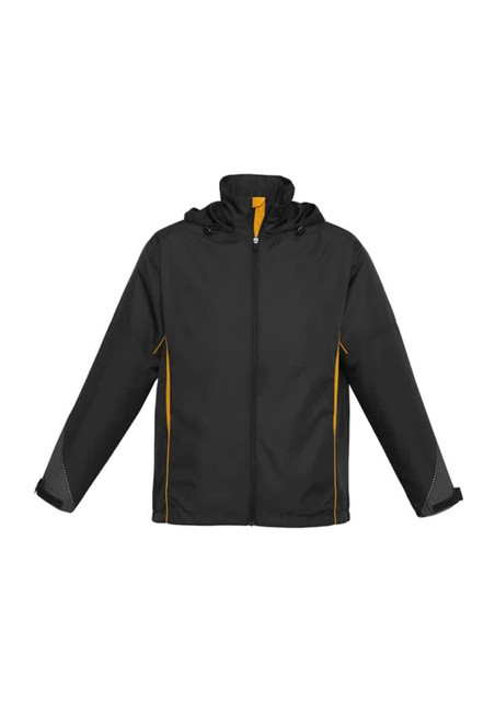 A black jacket with yellow accents and a hood, featuring long sleeves and a zippered front. It has a logo.