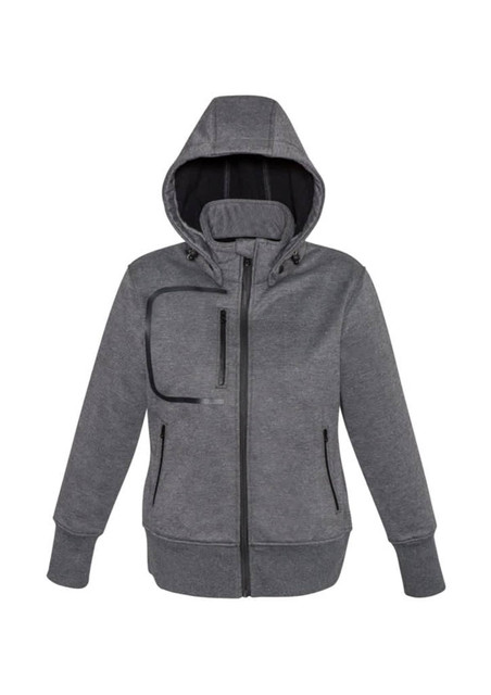 A grey zip-up hoodie jacket with a hood, featuring front pockets and a logo.