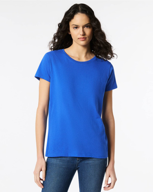 A blue Gildan Heavy Cotton ladies' T-shirt with a round neckline and short sleeves, featuring a logo.