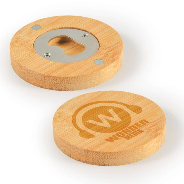 A drink bottle opener coaster made of natural bamboo with a silver opener and a branded logo on one side.