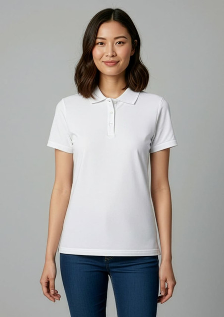 A white women's short sleeve polo shirt featuring a collar and a fitted design. The model is wearing it with blue jeans.