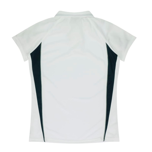 A white polo shirt featuring black side panels and a collar. The shirt has a logo.