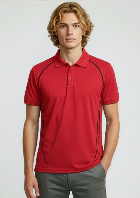 A red short sleeve polo shirt featuring contrasting stitching and a logo. Suitable for casual or sporty wear.