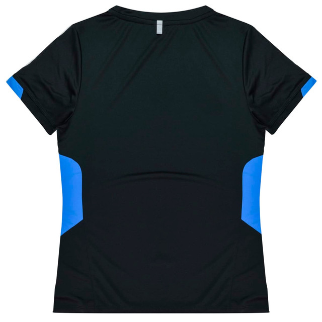 A black t-shirt with blue side panels and a logo on the back. Short-sleeved design suitable for active wear.