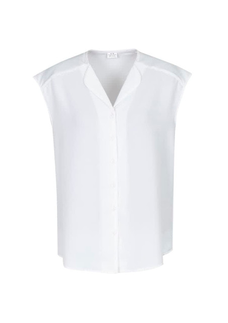A white women's blouse with a relaxed fit and cap sleeves, featuring a button-down front and a subtle collar.