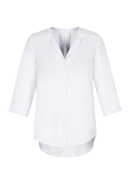 A white longline blouse with a button-up front and three-quarter sleeves. It features a subtle collar and a curved hem.