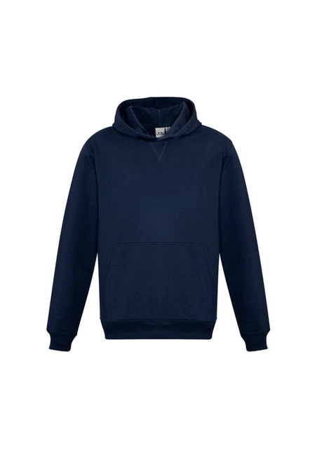 A navy blue kids' hoodie featuring a front pocket and a standard hood. It has a logo on the front.