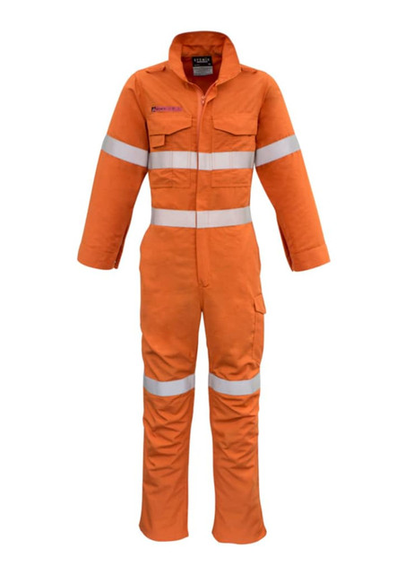 An orange overall with reflective tape, featuring a zip front, pockets, and long sleeves, designed for workwear.