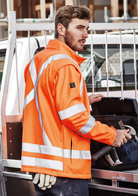 A bright orange unisex hi-vis softshell jacket with reflective stripes, displayed on a male model.