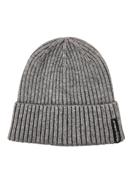 A grey beanie with a ribbed texture and a branding label on the side. Suitable for unisex wear.