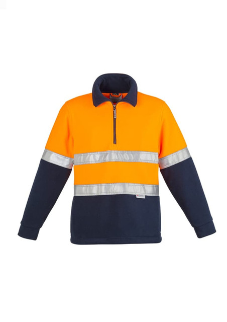 A unisex polar fleece pullover in high visibility orange with navy blue sleeves and reflective hoop tape.