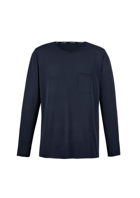 A unisex long-sleeve pullover in navy, featuring a pocket on the front and a logo.