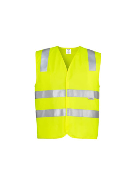 A unisex hi-vis vest in bright yellow with reflective silver stripes, featuring a simple design and no sleeves.