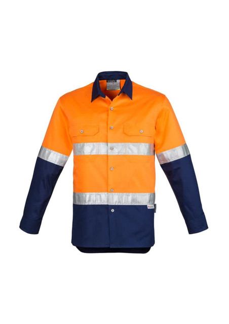 An orange and navy long sleeve work shirt with reflective stripes and a logo.