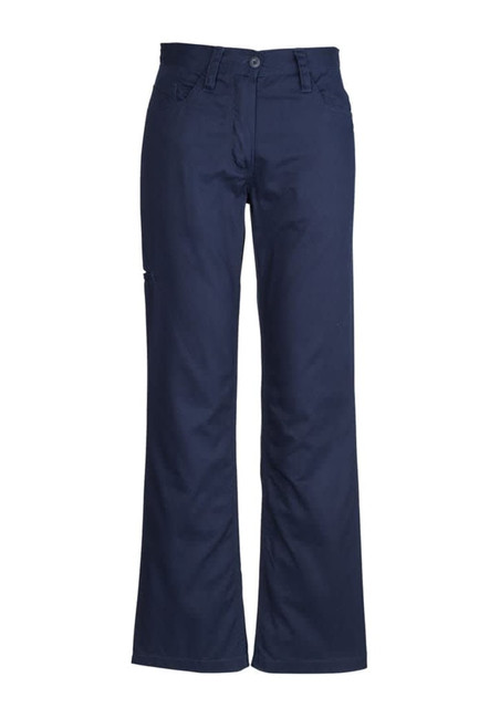 A pair of navy plain utility pants, featuring a straight-leg design and a pocket on the side.