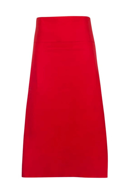 A long waist apron made from 100% cotton canvas in bright red, featuring a logo on the front.