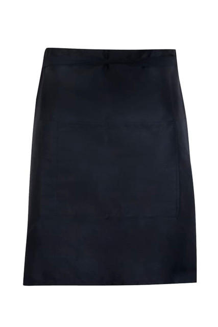 A black short waist apron made of 190 gsm poly/cotton, featuring a front pocket and a logo.