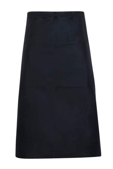 A long waist apron in navy blue, made from 190 gsm poly/cotton, featuring a front pocket and a branding logo.