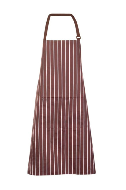 A full bib apron featuring brown and white stripes with a neck strap and an adjustable design.