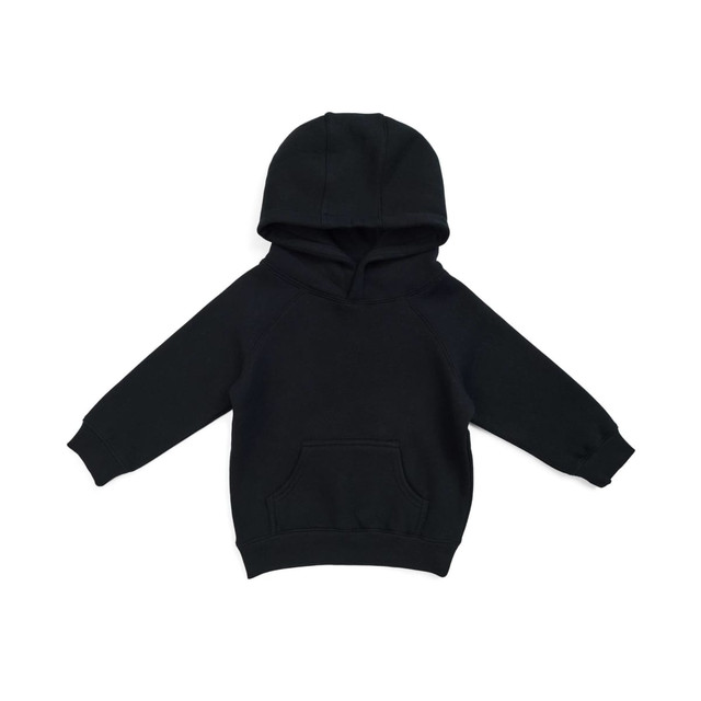 A black cotton kangaroo pocket hoodie for babies with a hood and long sleeves. It features a logo on the front.