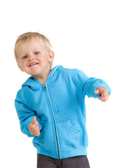 A blue zip hoodie for babies, featuring a front zipper and a hood, worn by a smiling child.