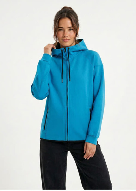 A grey soft cotton and bonded polar fleece hoodie featuring a zip front and pockets.