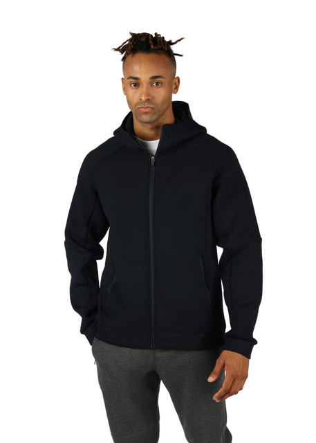 A black hoodie with a zip front and hood, featuring side pockets and a branded logo.