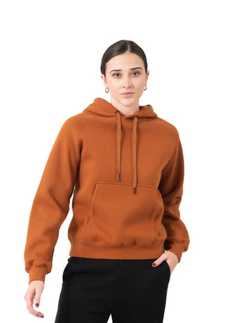 A brown hoodie with a kangaroo pocket, featuring a drawstring hood and a logo, worn by a model.