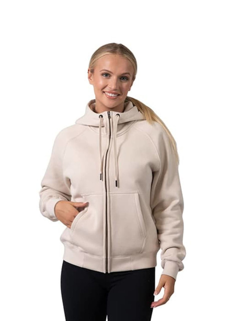 A women's cotton hoodie in a light beige shade, featuring a kangaroo pocket and a zipper. Includes a logo detail.