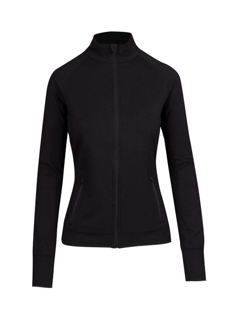 A black women's jacket with a zip front, high collar, and long sleeves featuring side pockets and a logo.