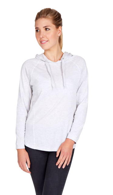 A light grey women's hoodie featuring a relaxed fit and a drawstring hood, displayed on a model.