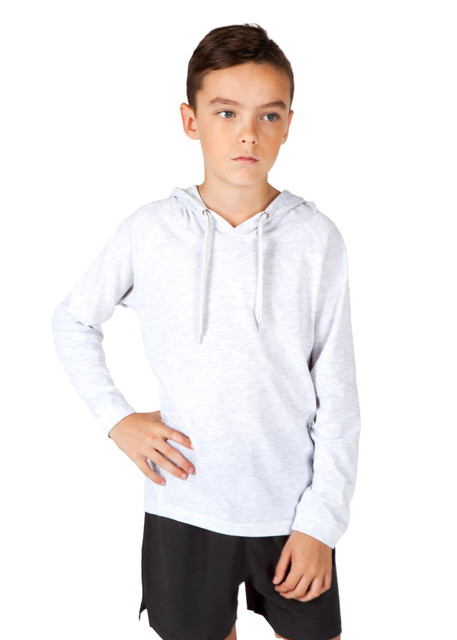 A light grey hoodie with a drawstring, designed for kids, worn by a child standing with hands on hips.