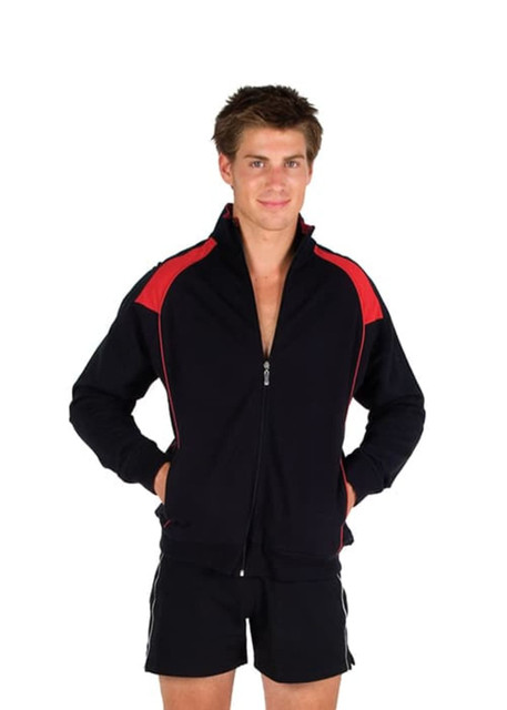 A track jacket in navy with red contrast detailing, featuring a zip front and pockets. The model is wearing shorts.
