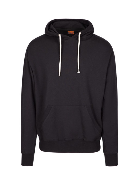 A black men's hoodie featuring a front pocket and drawstrings on the hood. It has a logo on the front.