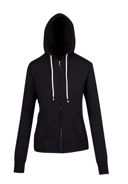 A black zip hoodie featuring a hood, long sleeves, and a front pocket. It has contrasting drawstrings and a brand logo.