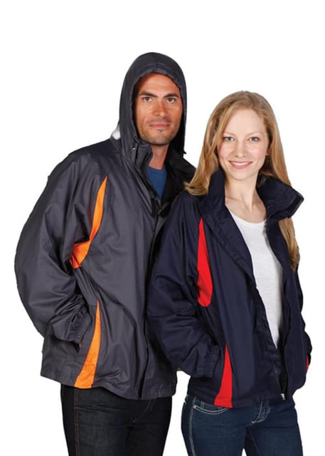 A navy and grey shower-proof Sportech nylon jacket with orange and red accents. Features hoods and pockets.