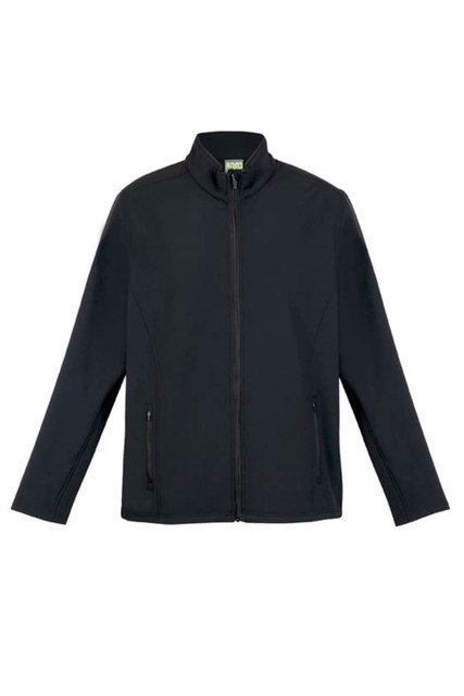 A black men's soft shell jacket featuring a zip front and side pockets, with a branded logo.